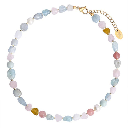 Multicolored bead necklace with gold clasp and tag.