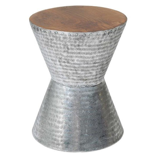 Hourglass-shaped stool with metal body and wooden top.