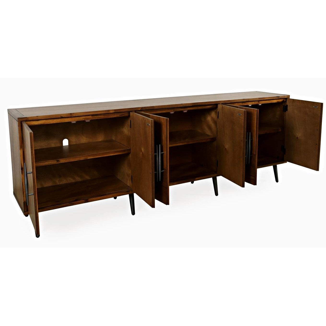 Wooden sideboard with open doors and interior shelves.