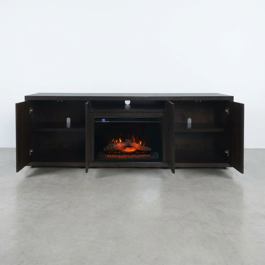 Dark wood TV stand with open storage and an electric fireplace in the center.