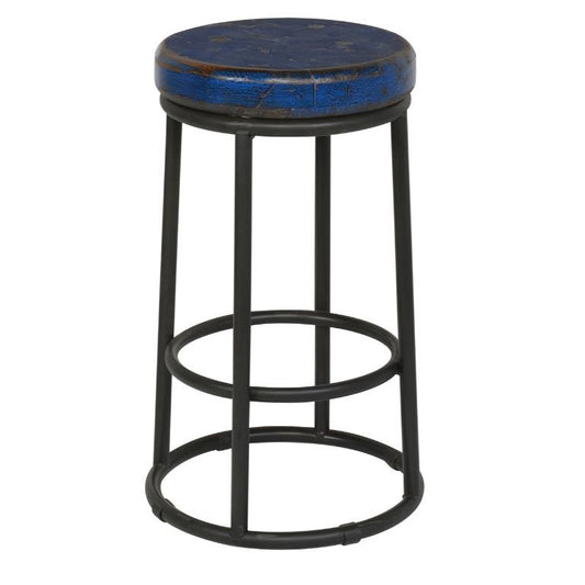Industrial stool with blue wooden seat and black metal frame.