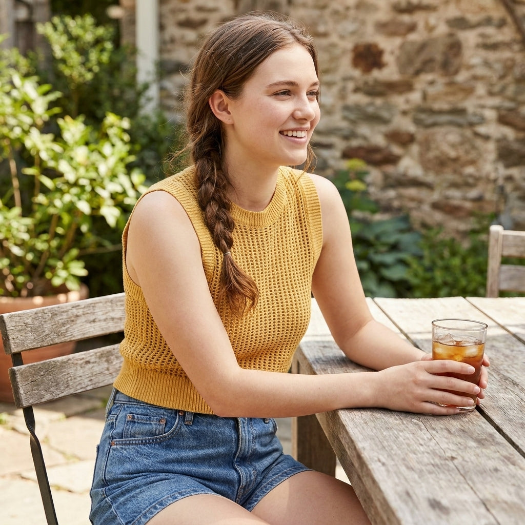 Smiling young woman with iced drink, sitting outdoors in sunshine.