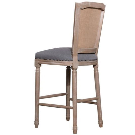 Wooden upholstered bar stool with gray seat and tan backrest.
