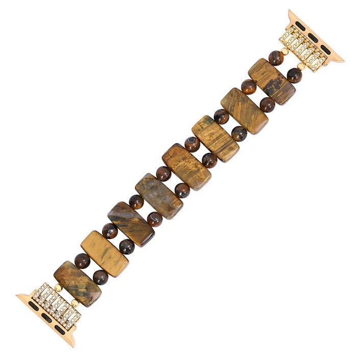 Watch strap with brown rectangular stones and gold connectors.