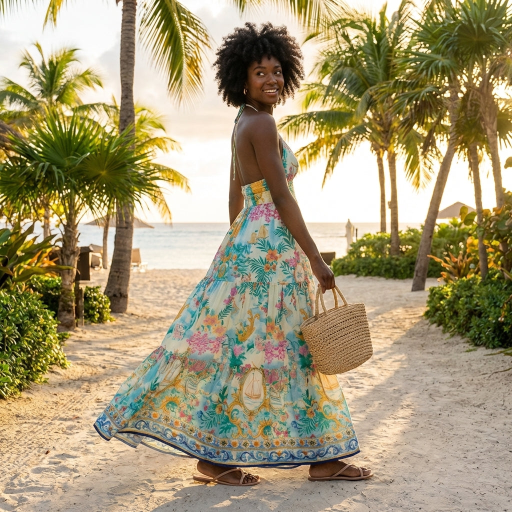 Woman in floral dress, beachside, holding a woven bag.