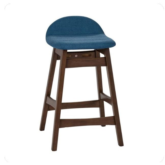 Wooden stool with blue padded seat and backrest.