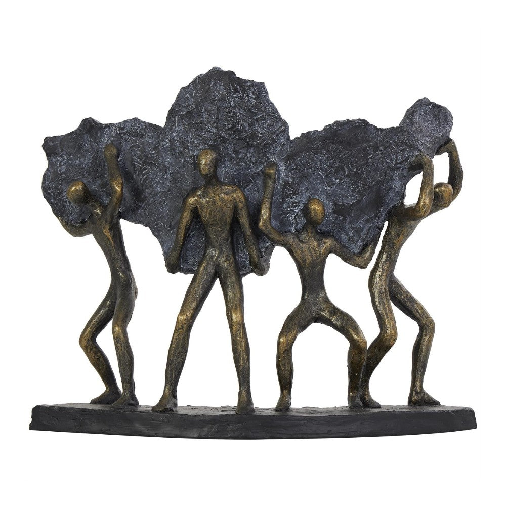 Four stylized figures lift rock shapes together.