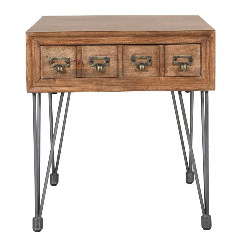 Wooden table with metal legs and four drawers.