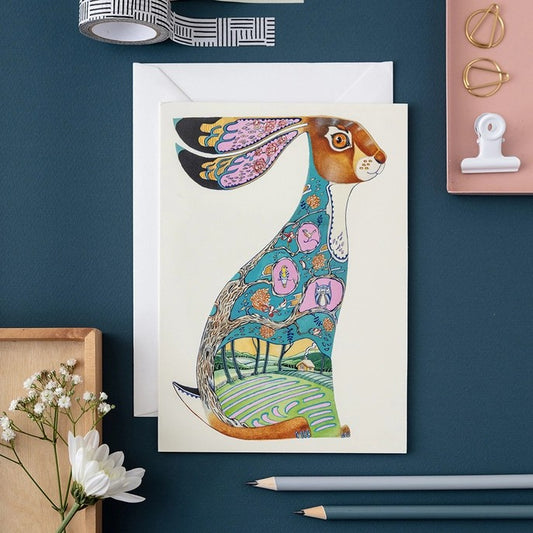 Colorful illustrated hare card with decorative patterns.