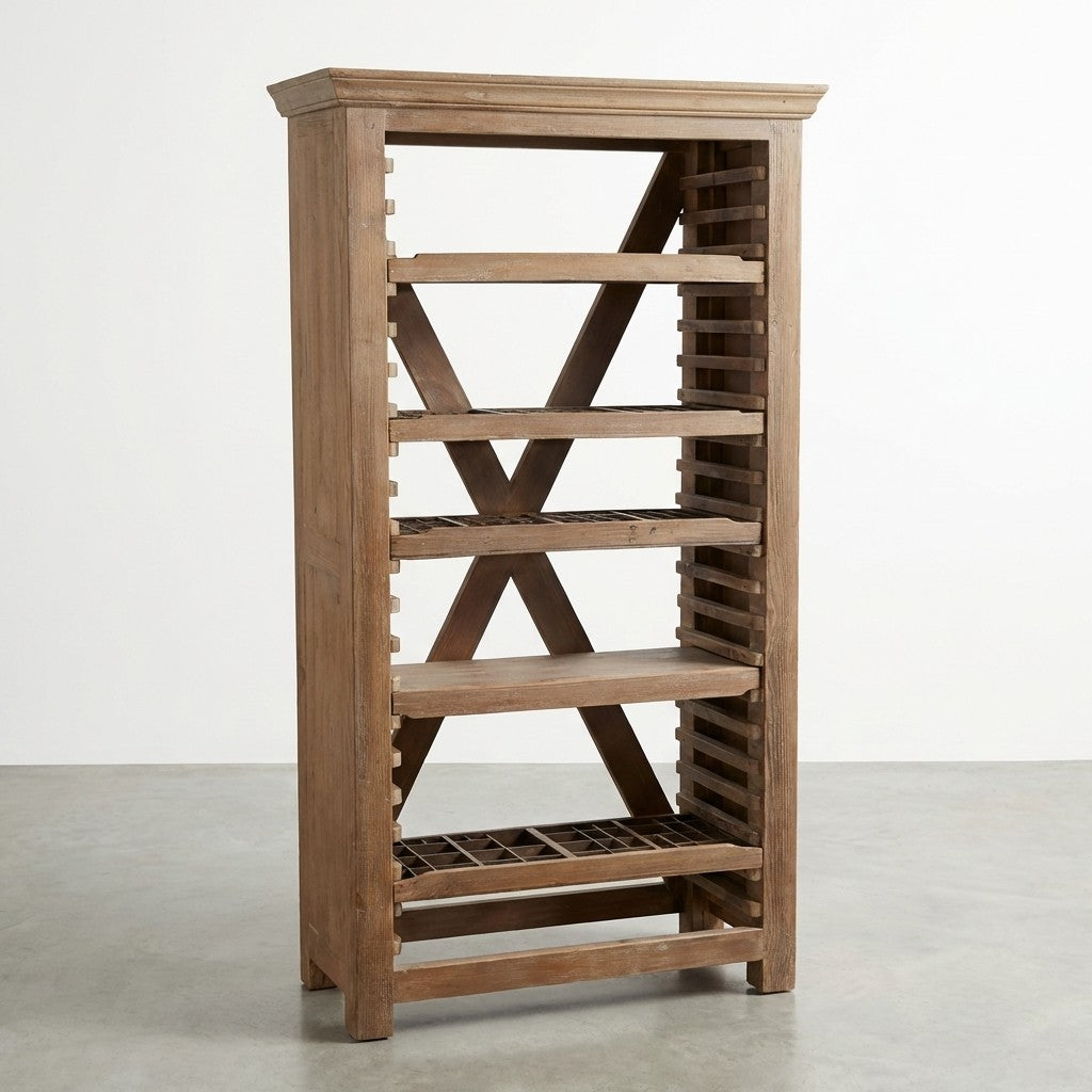 Wooden shelf with an X-back design, stands on a grey floor.