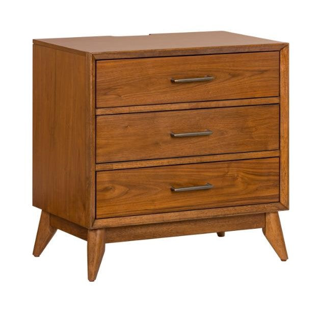 Mid-century modern wooden dresser with three drawers.