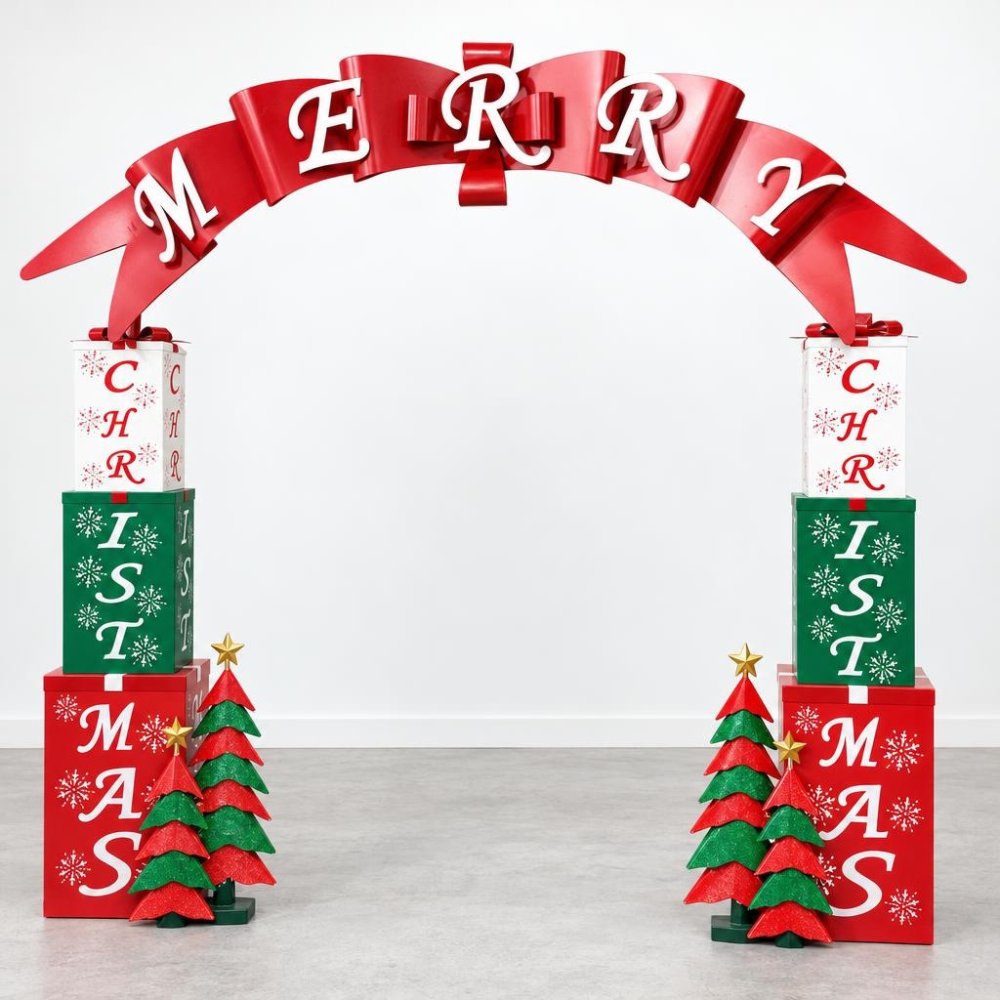 Festive Christmas display of stacked gift boxes forming an arch with a red ribbon and trees.