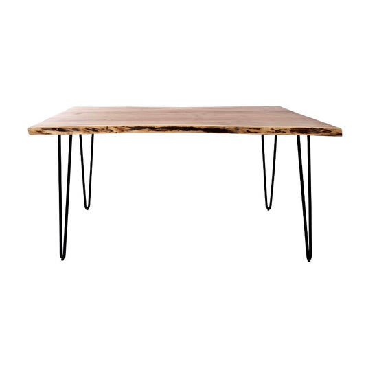 Wood table with metal hairpin legs, minimalistic design.