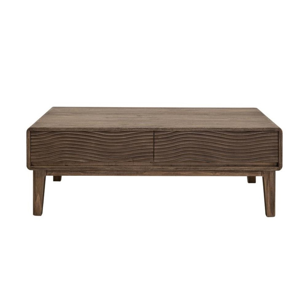 Wooden coffee table with wave-patterned front design.