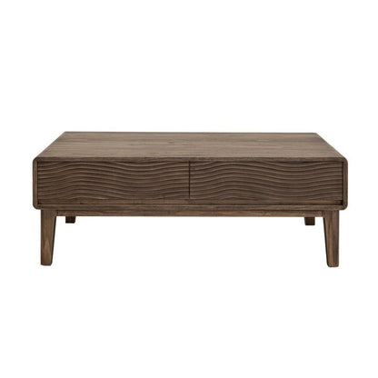 Wooden coffee table with wave-patterned front design.