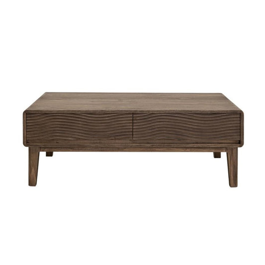 Wooden coffee table with wave-patterned front design.