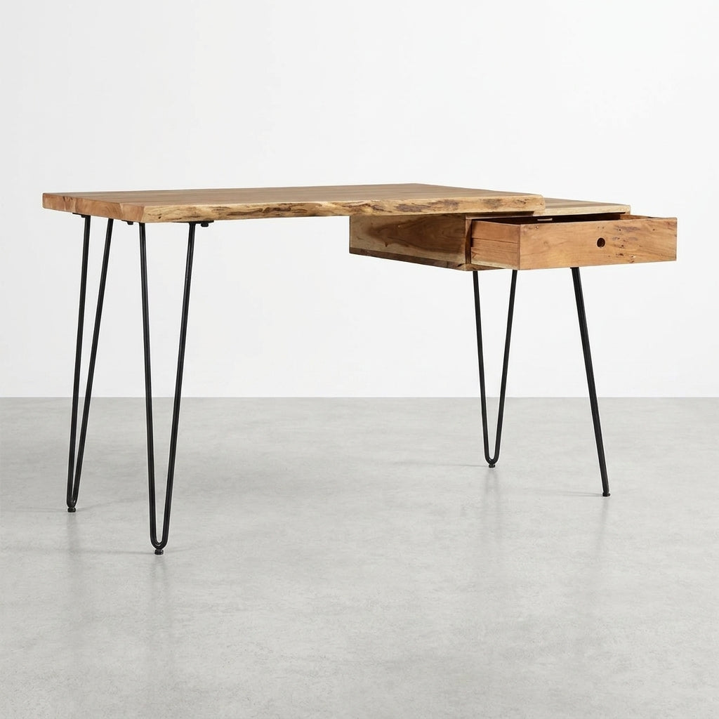 Wooden desk with open drawer and black metal legs.