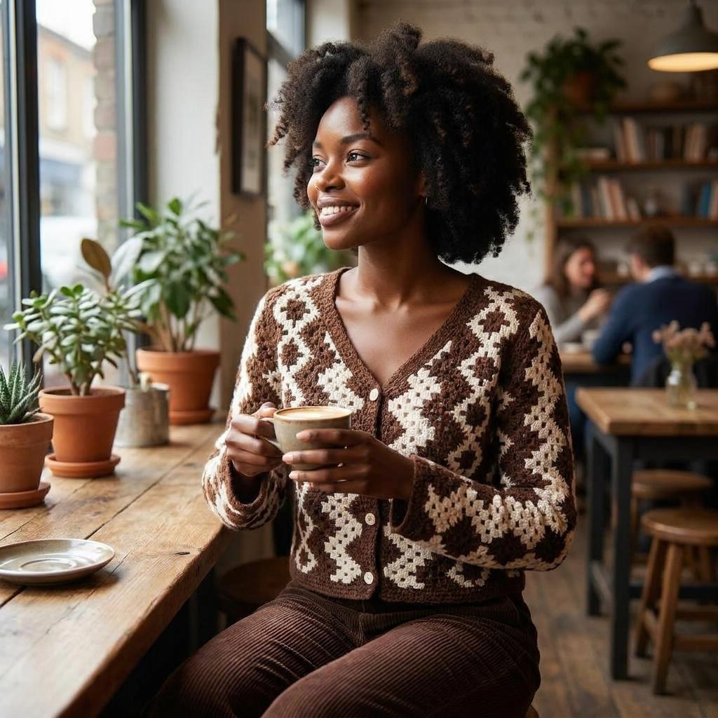 Woman in a cozy cafe, holding a cup, surrounded by plants.