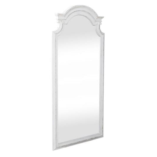 Ornate, arched white mirror with a classic design.