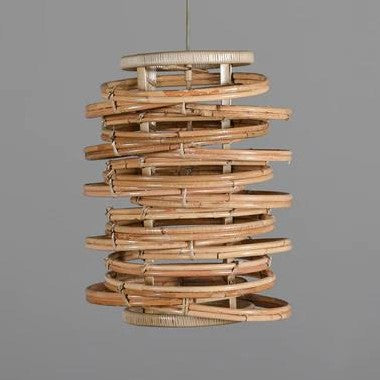 Woven rattan pendant light with stacked circular design.