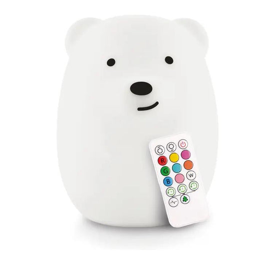 White bear-shaped lamp with a colorful remote.