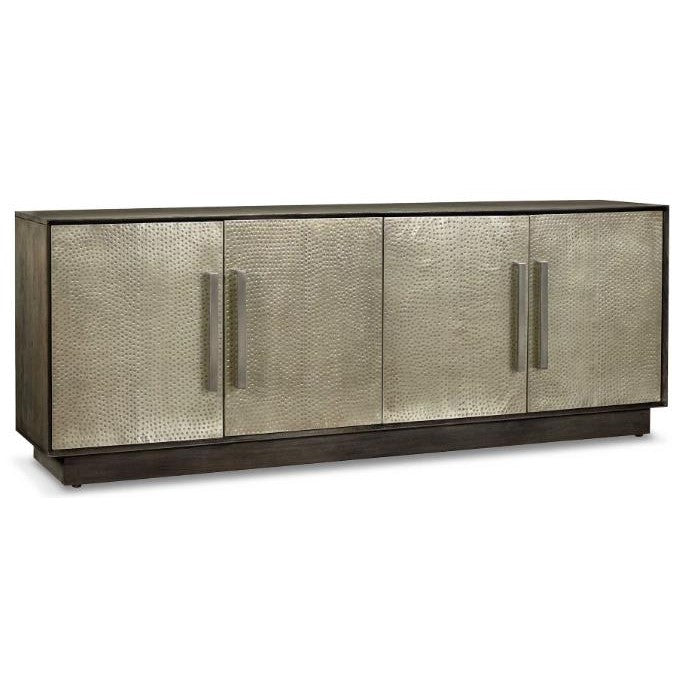 Metallic-paneled credenza with four doors and sleek handles.
