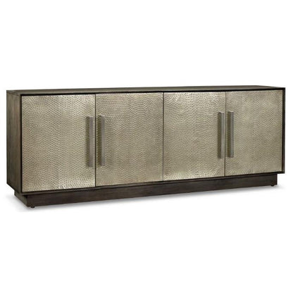 Metallic-paneled credenza with four doors and sleek handles.