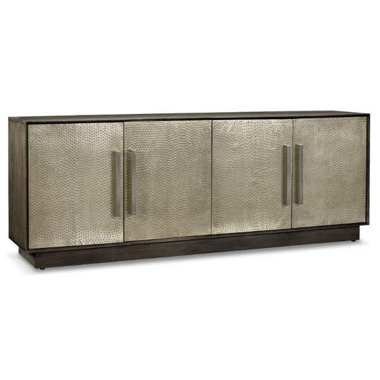 Metallic-paneled credenza with four doors and sleek handles.