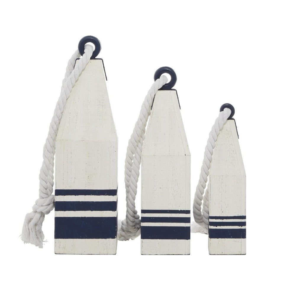 Three wooden buoys with navy stripes and white rope tops.