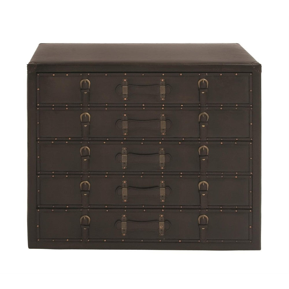 Vintage-style trunk cabinet with leather straps and metal rivets.
