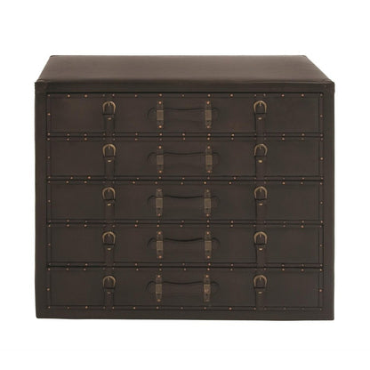 Vintage-style trunk cabinet with leather straps and metal rivets.