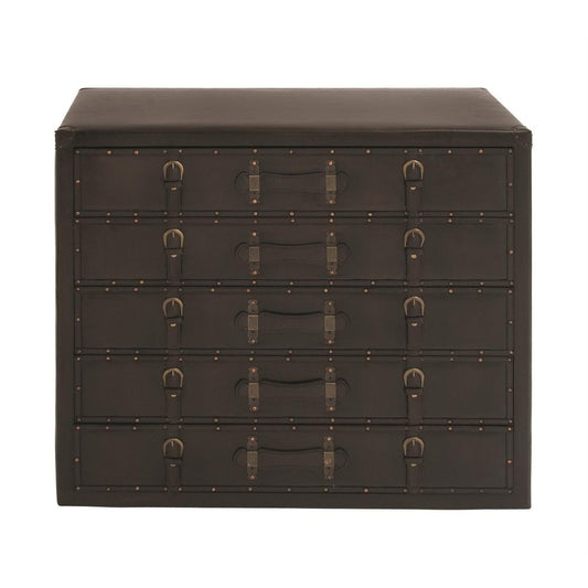 Vintage-style trunk cabinet with leather straps and metal rivets.