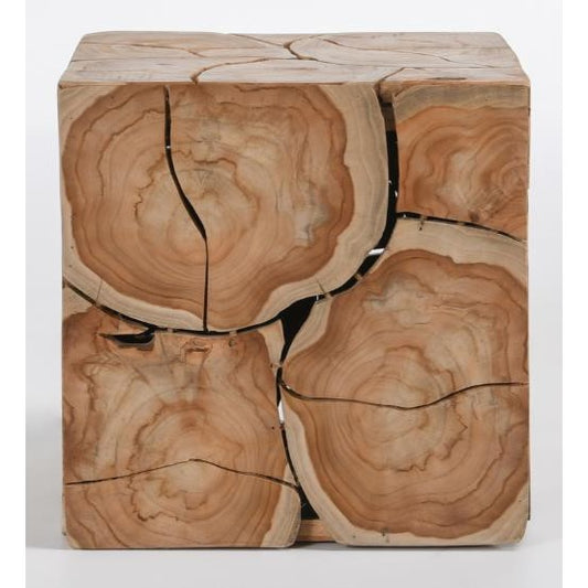 Wooden block with natural tree ring patterns and visible cracks.