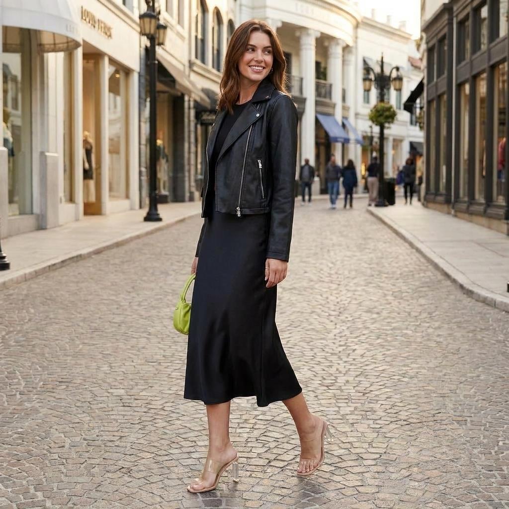 Woman in black dress and jacket walks on cobblestone street.