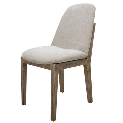 Modern beige upholstered chair with wooden legs.