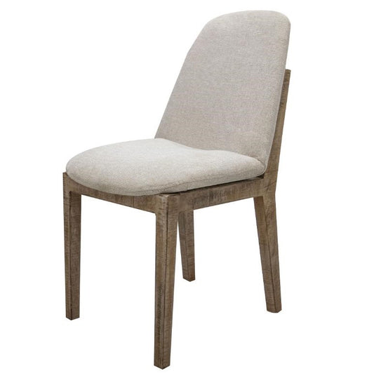 Modern beige upholstered chair with wooden legs.