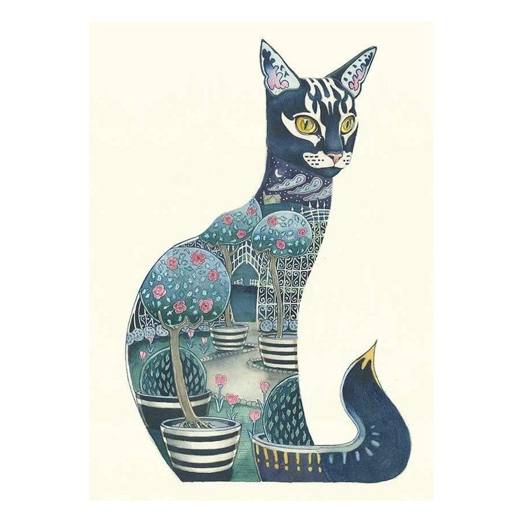 Artistic cat with garden scene inside its silhouette.