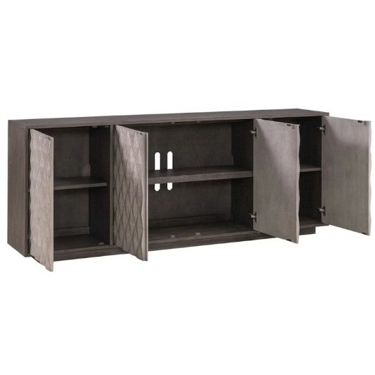 A dark wood sideboard with four open cabinet doors and interior shelves.