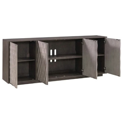 A dark wood sideboard with four open cabinet doors and interior shelves.