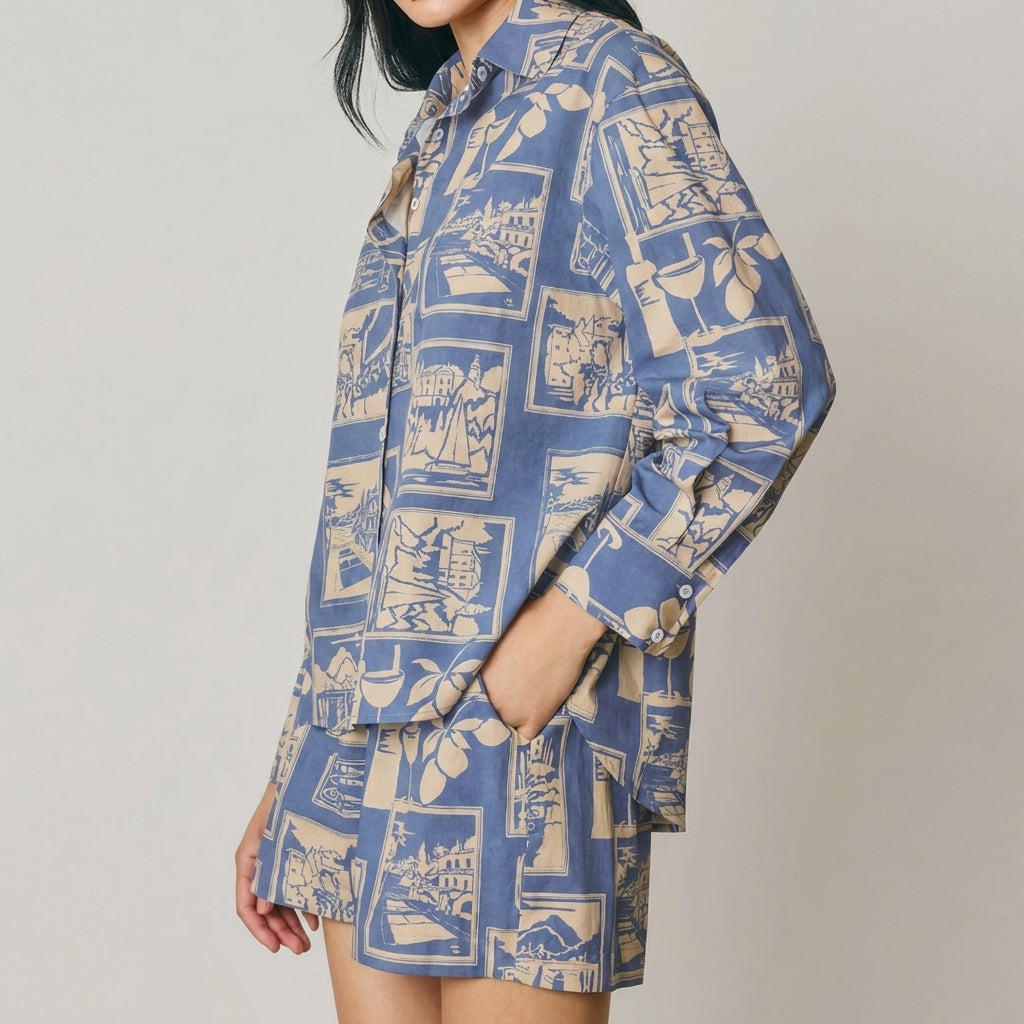 Person in patterned blue outfit with hands in pockets.