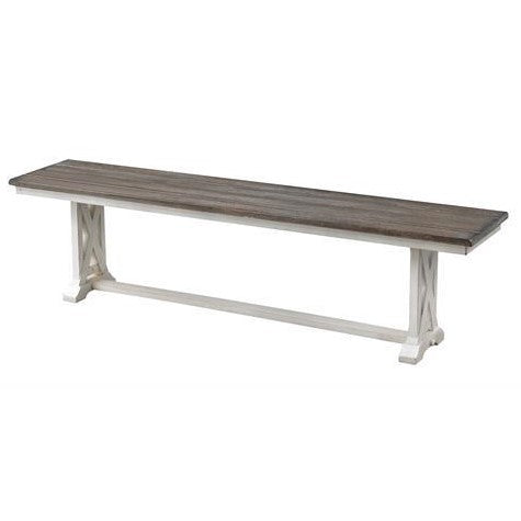 Wooden bench with a dark seat and white base.