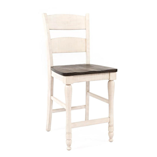 Wooden chair with a dark seat and light frame.