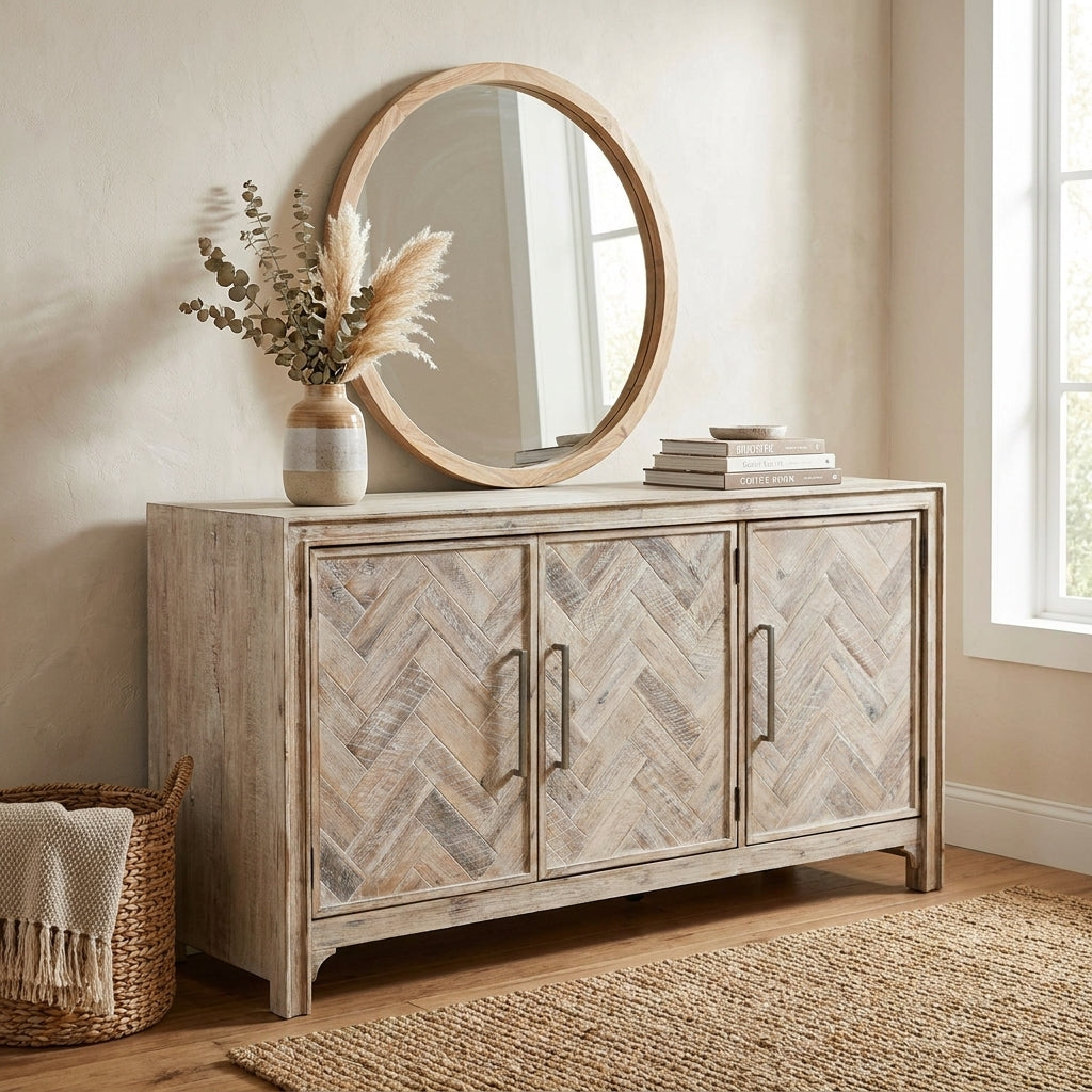 Rustic wooden sideboard with herringbone pattern and three doors.