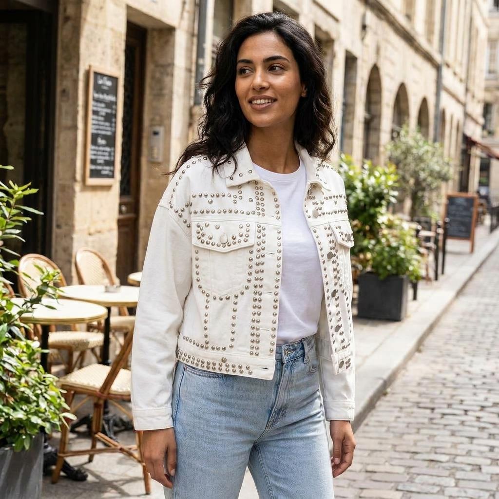 Woman in studded jacket smiles on a charming cobblestone street.