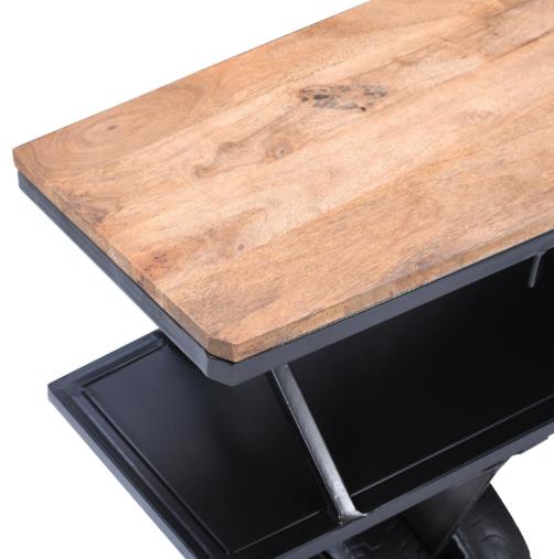 Wooden-topped desk with black metal framework and shelves.