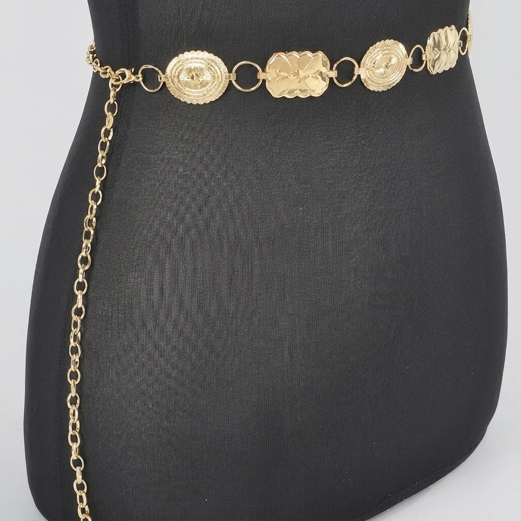 Gold chain belt with ornate oval links on a mannequin.