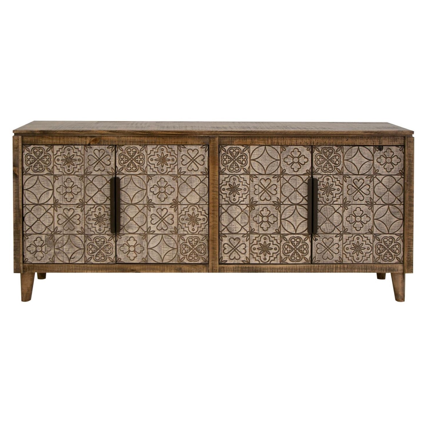Wooden cabinet with ornate geometric carvings and black handles.