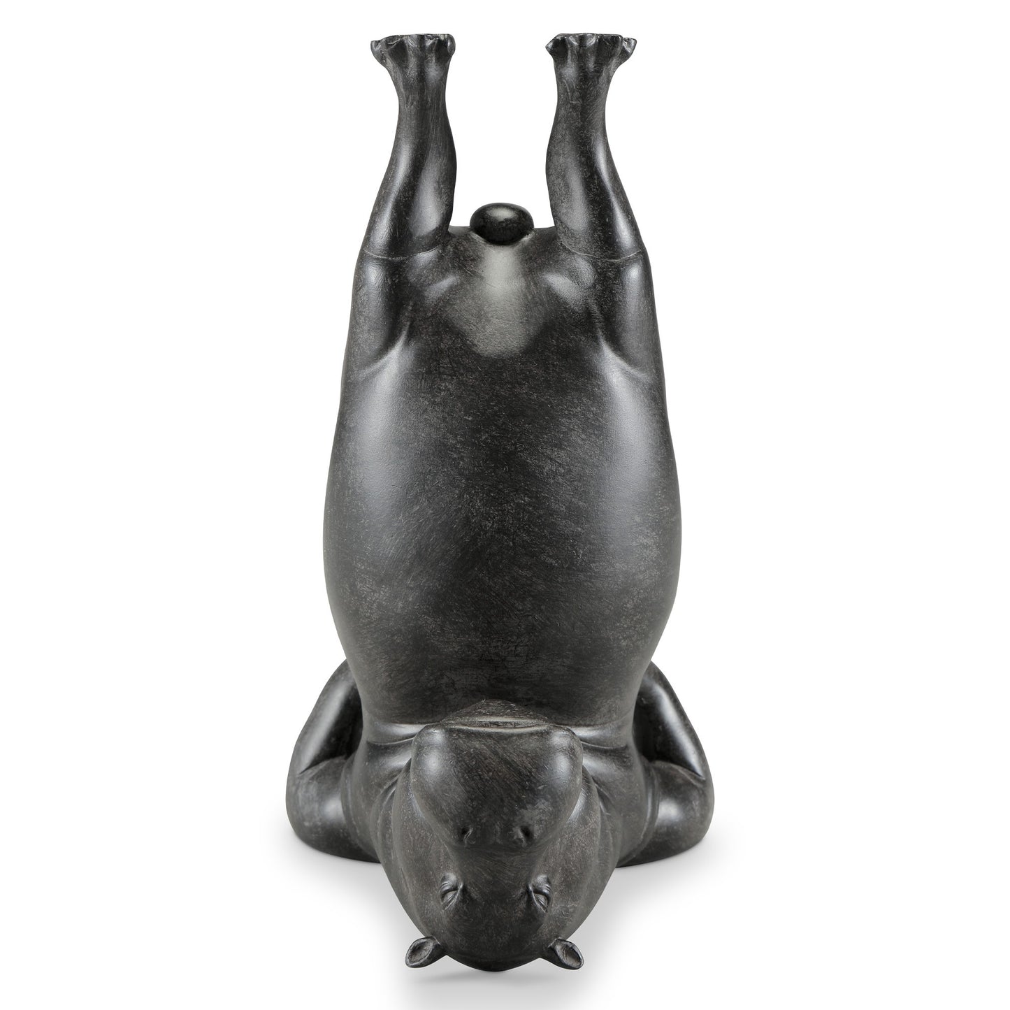 Gray upside-down hippo sculpture on a white background.