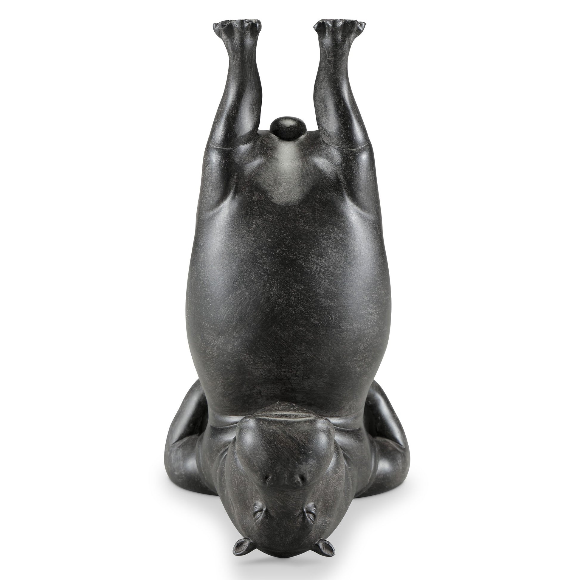 Gray upside-down hippo sculpture on a white background.