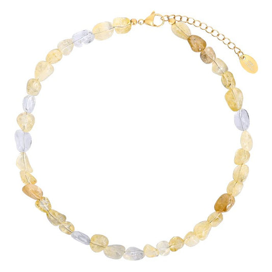 Gemstone bead necklace with gold clasp and chain extension.